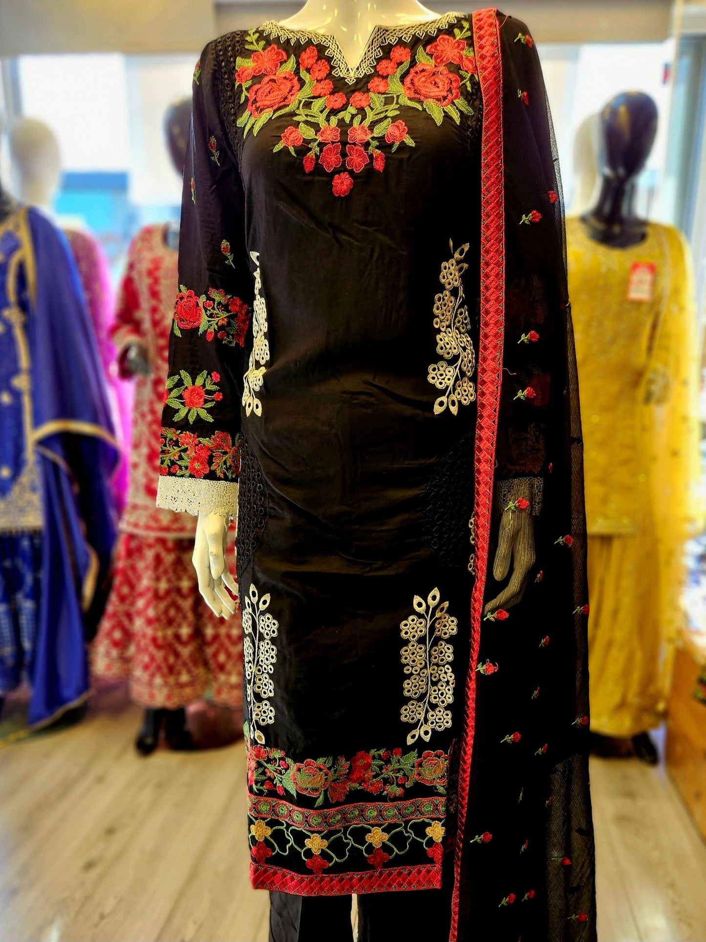 ETHN Black Chikan Kameez | White & Pink Thread Embroidery | Laser Cut Viscose Suit (M-7XL)