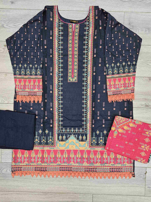 Navy blue and pink colour winter collection khaddar fabric with khaddar shawl