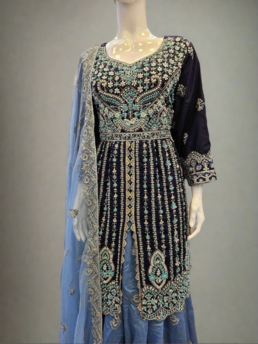 Navy with light blue hand embroidered peplum dress