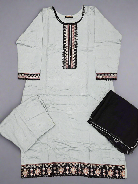 Pigeon blue colour linen fabric shalwar kameez with embroidery on neck
