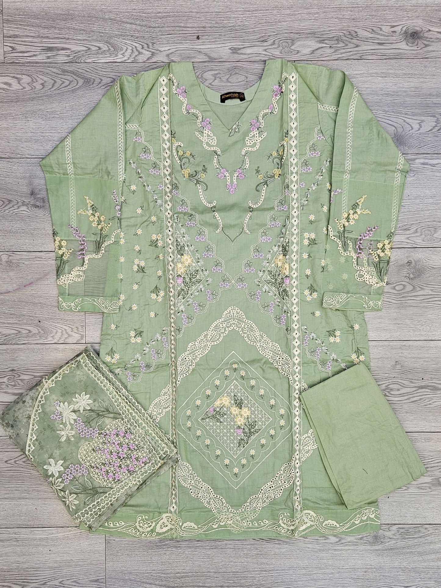 MB mint green colour chiken kari embroidery
