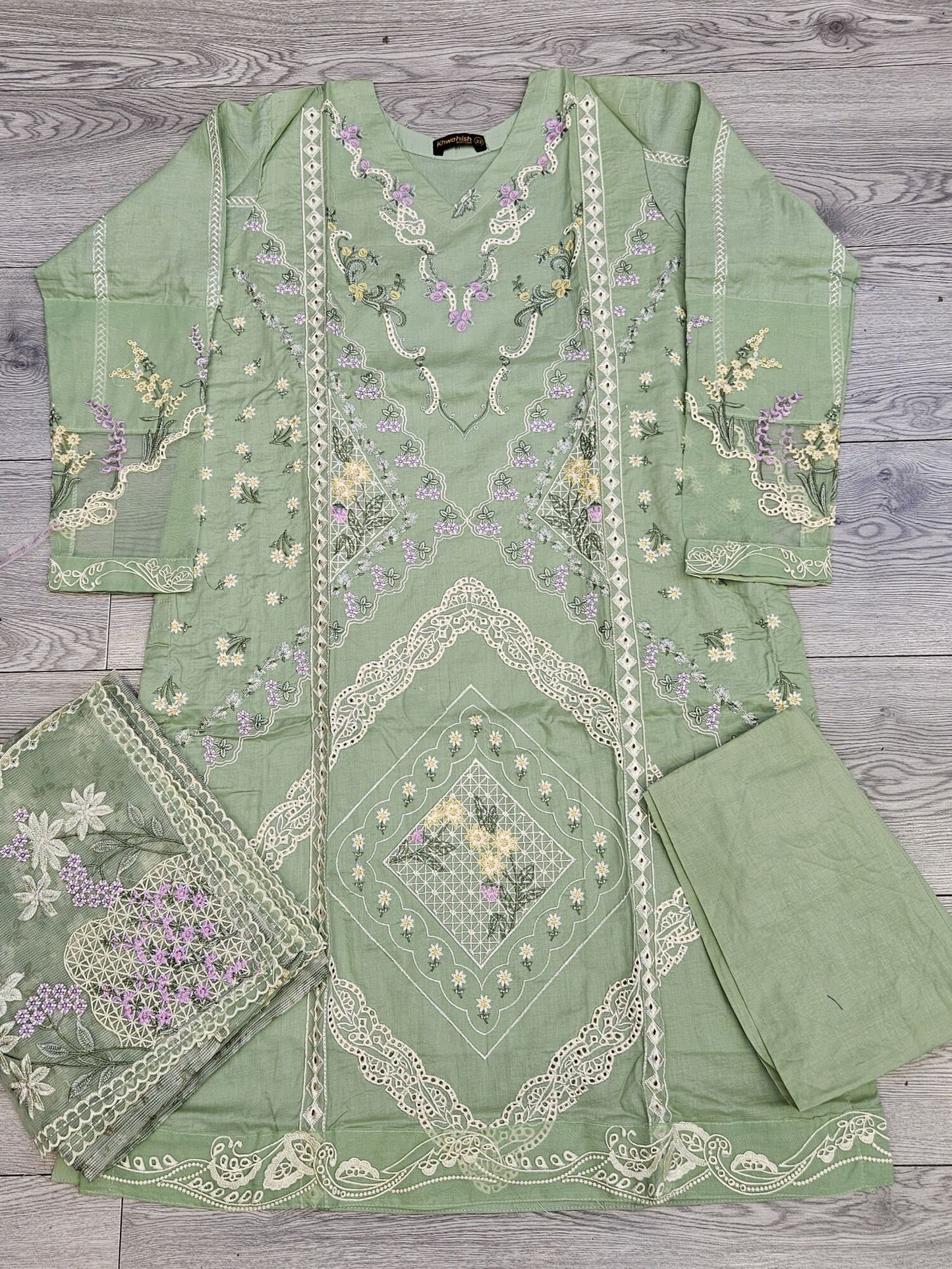 MB mint green colour chiken kari embroidery