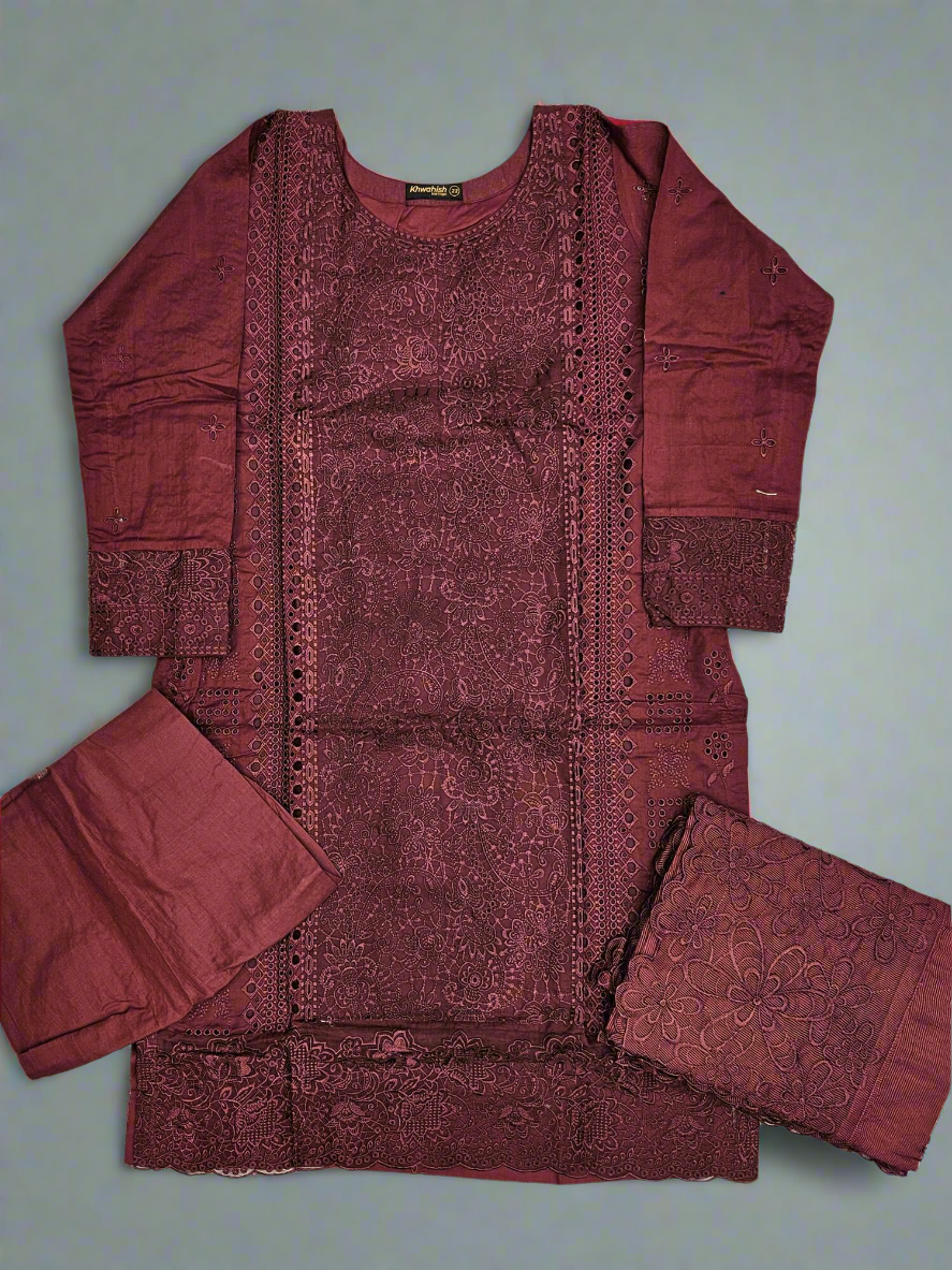 MB deep maroon colour thread embroidered chiken kari shalwar kameez cotton fabric embroidery dupatta sizes (M to 7XL) womenswear traditional plus size comfort clothing Eid festive