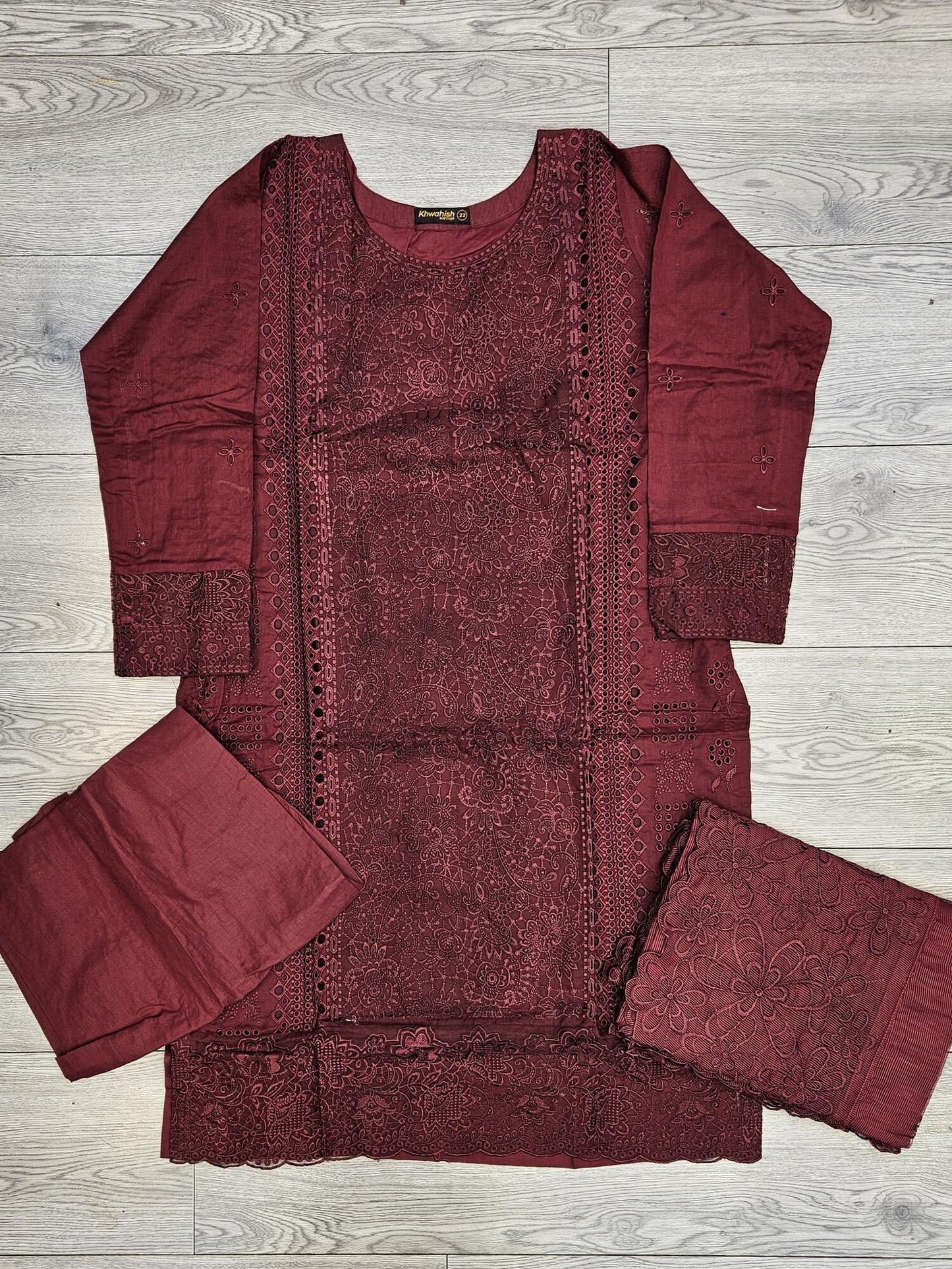 MB deep maroon colour thread embroidered chiken kari shalwar kameez cotton fabric embroidery dupatta sizes (M to 7XL) womenswear traditional plus size comfort clothing Eid festive