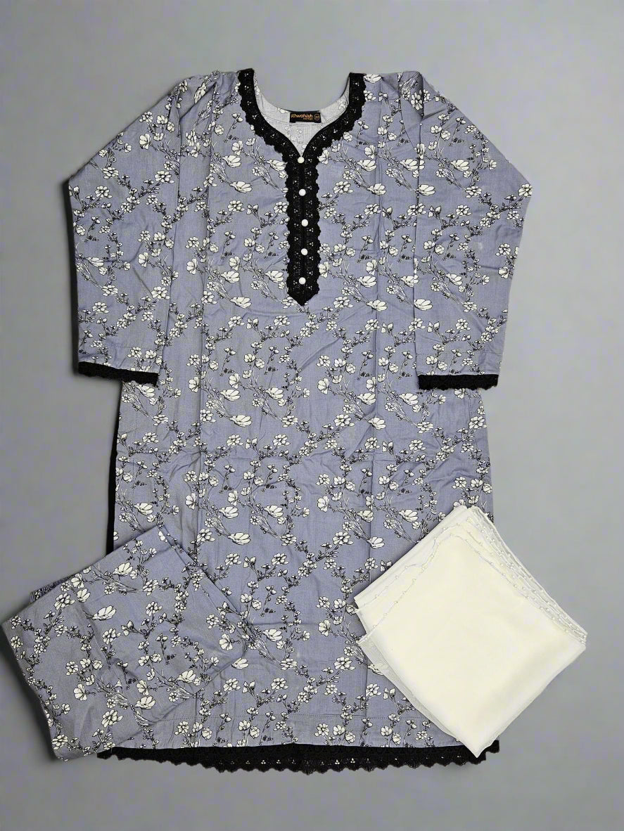 Grey colour floral print linen fabric
