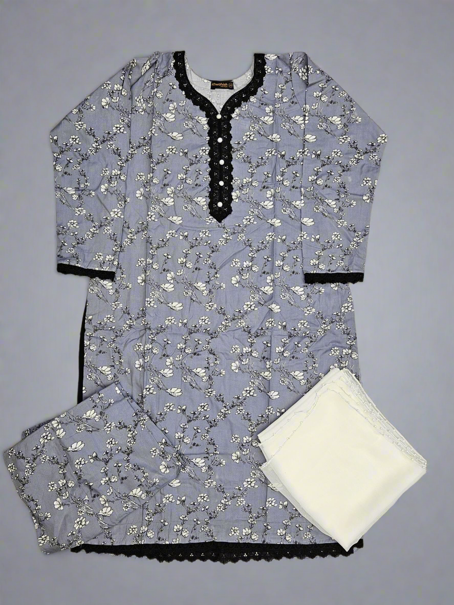 Grey colour floral print linen fabric
