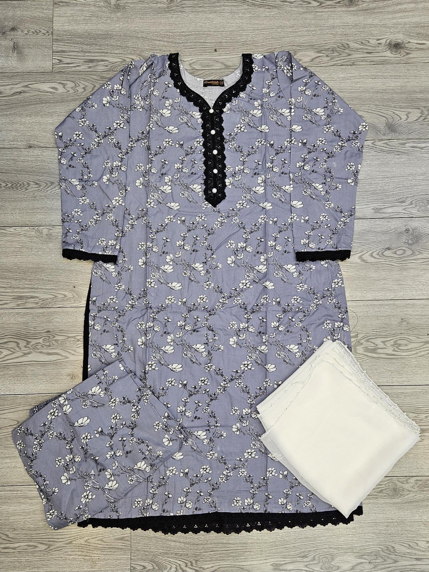 Grey colour floral print linen fabric