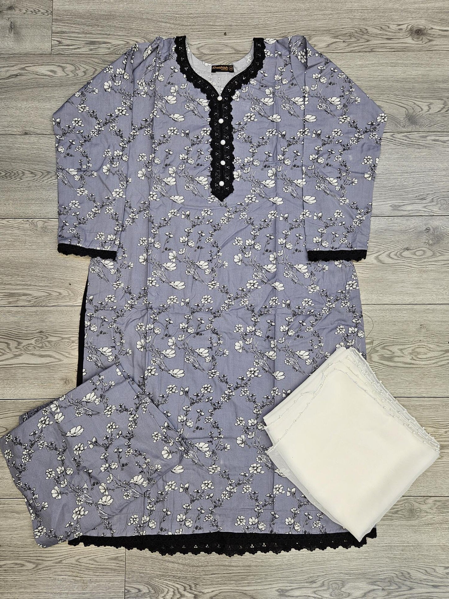 Grey colour floral print linen fabric