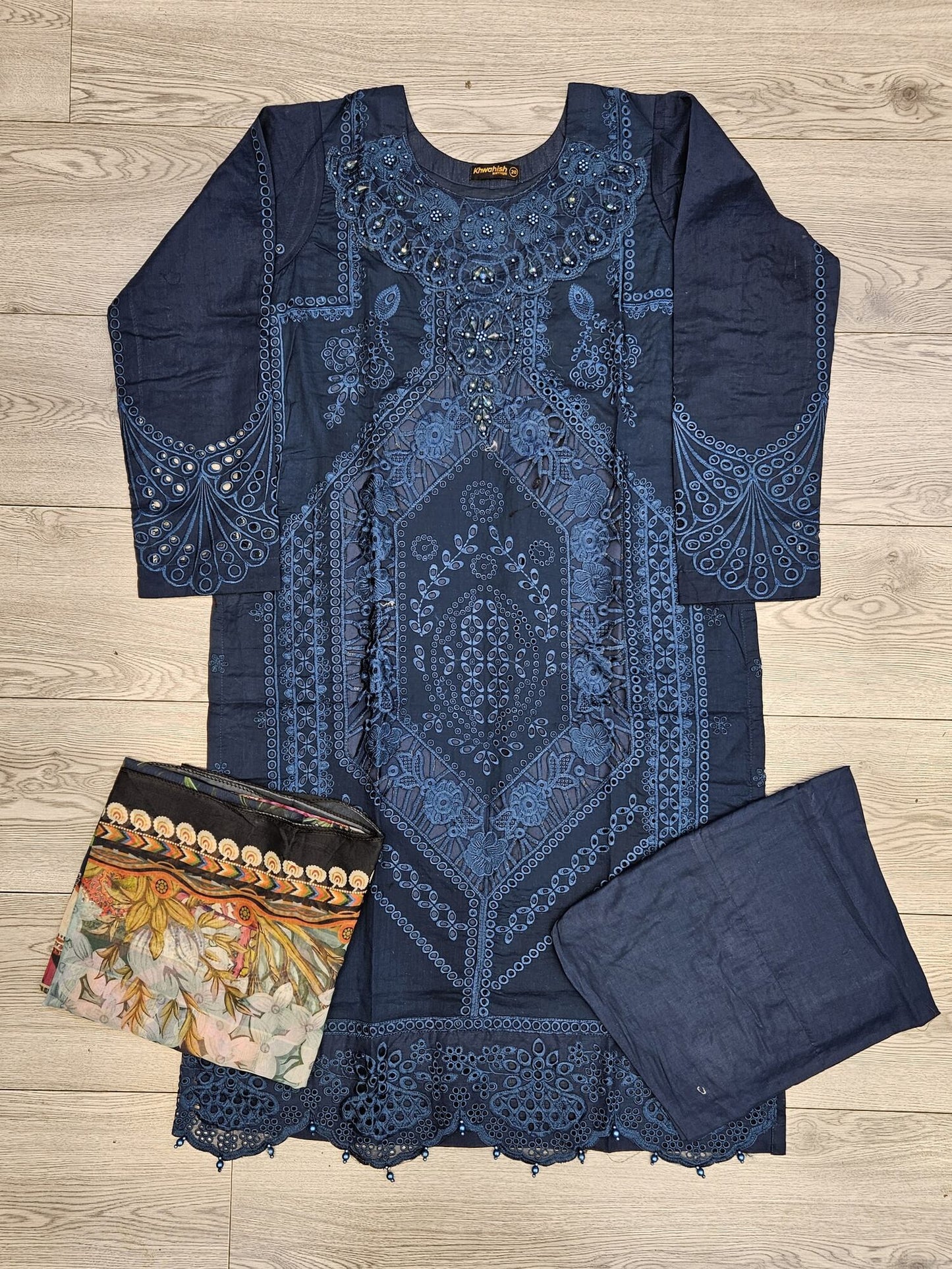 MB deep crystal teal colour embroidered shalwar kameez in cotton fabric with silk floral dupatta in sizes (M to 7XL)-womenswear traditional plus size clothing comfort Eid festive
