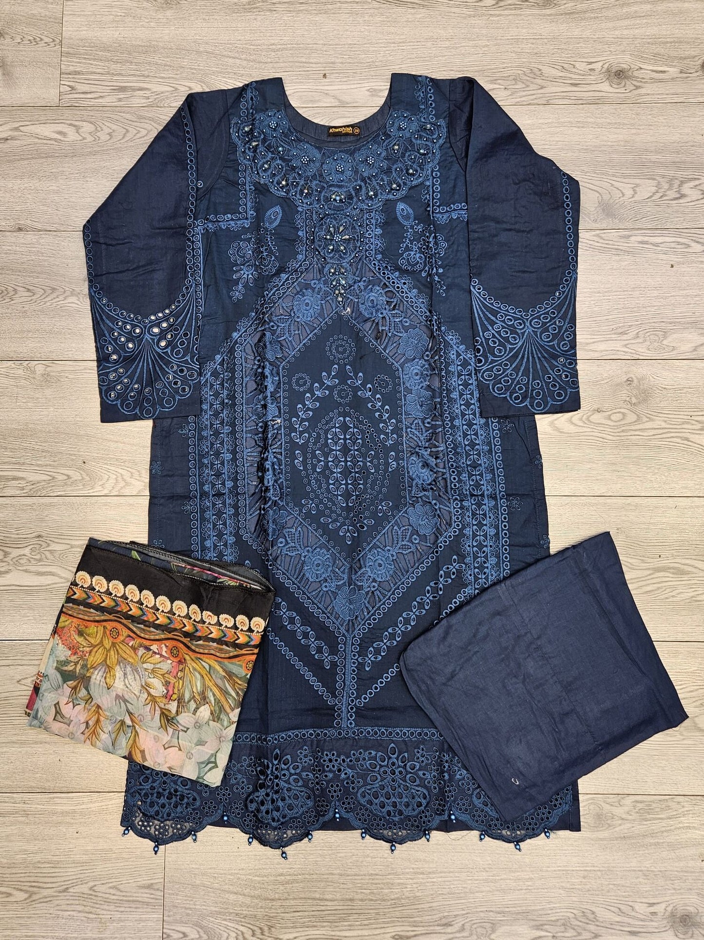 MB deep crystal teal colour embroidered shalwar kameez in cotton fabric with silk floral dupatta in sizes (M to 7XL)-womenswear traditional plus size clothing comfort Eid festive