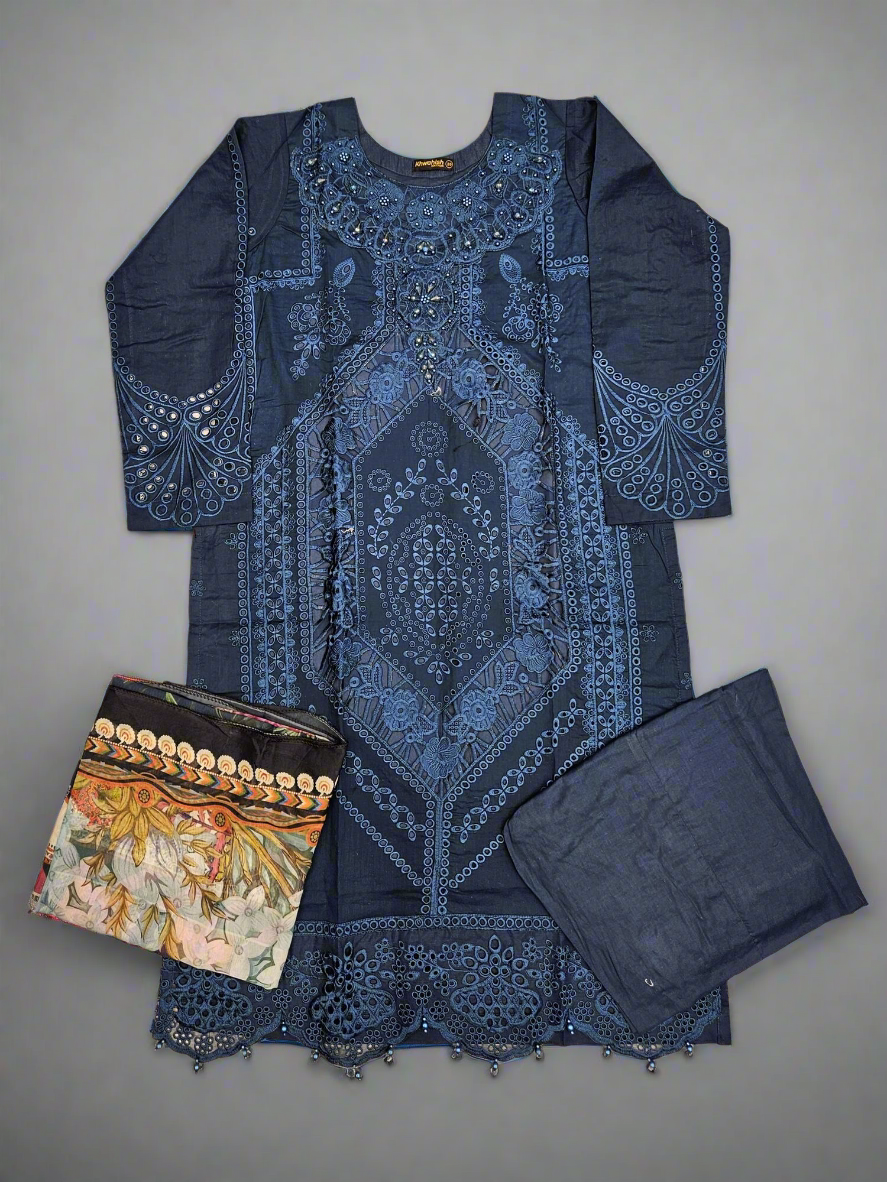 MB deep crystal teal colour embroidered shalwar kameez in cotton fabric with silk floral dupatta in sizes (M to 7XL)-womenswear traditional plus size clothing comfort Eid festive