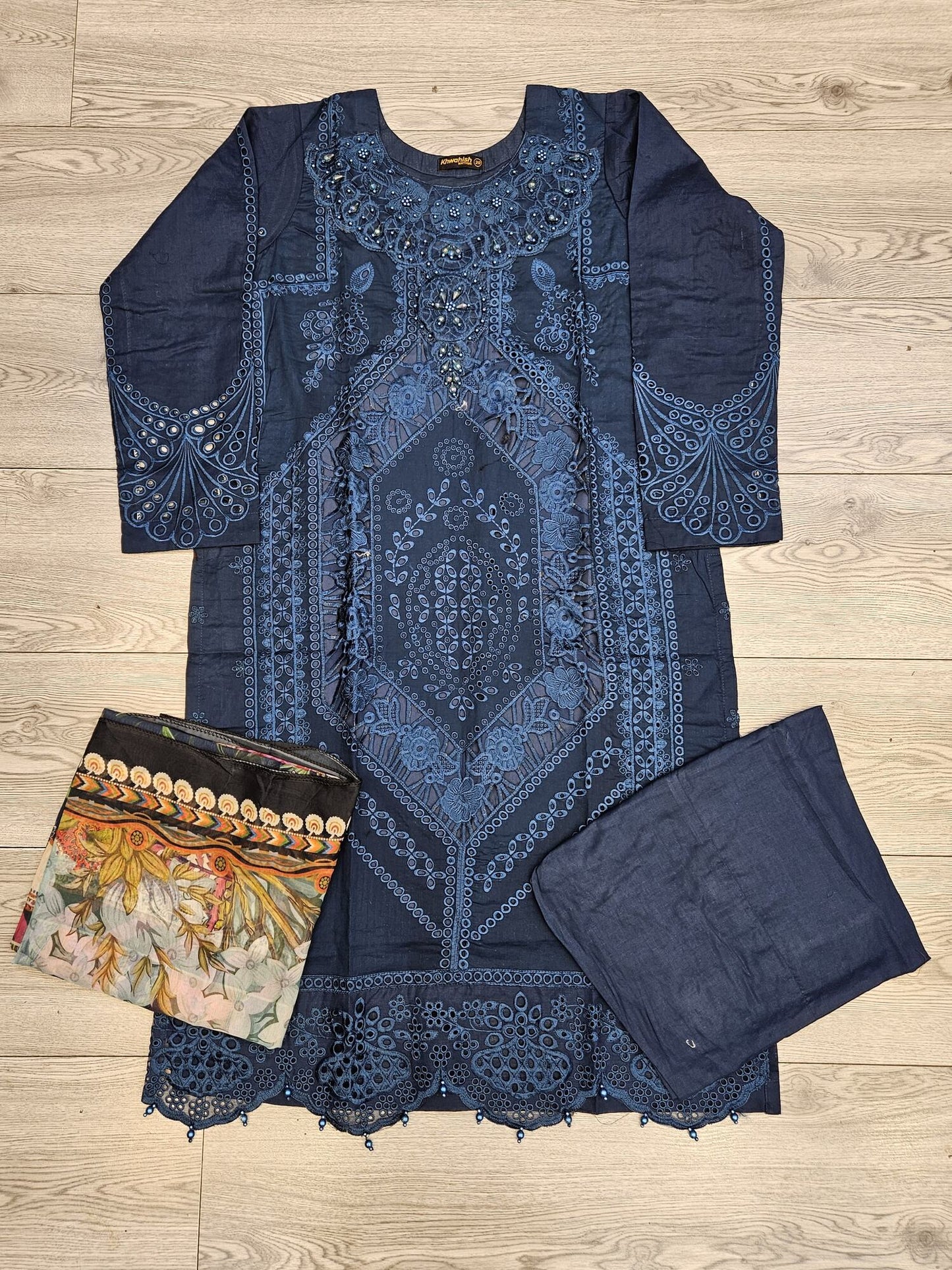 MB deep crystal teal colour embroidered shalwar kameez in cotton fabric with silk floral dupatta in sizes (M to 7XL)-womenswear traditional plus size clothing comfort Eid festive