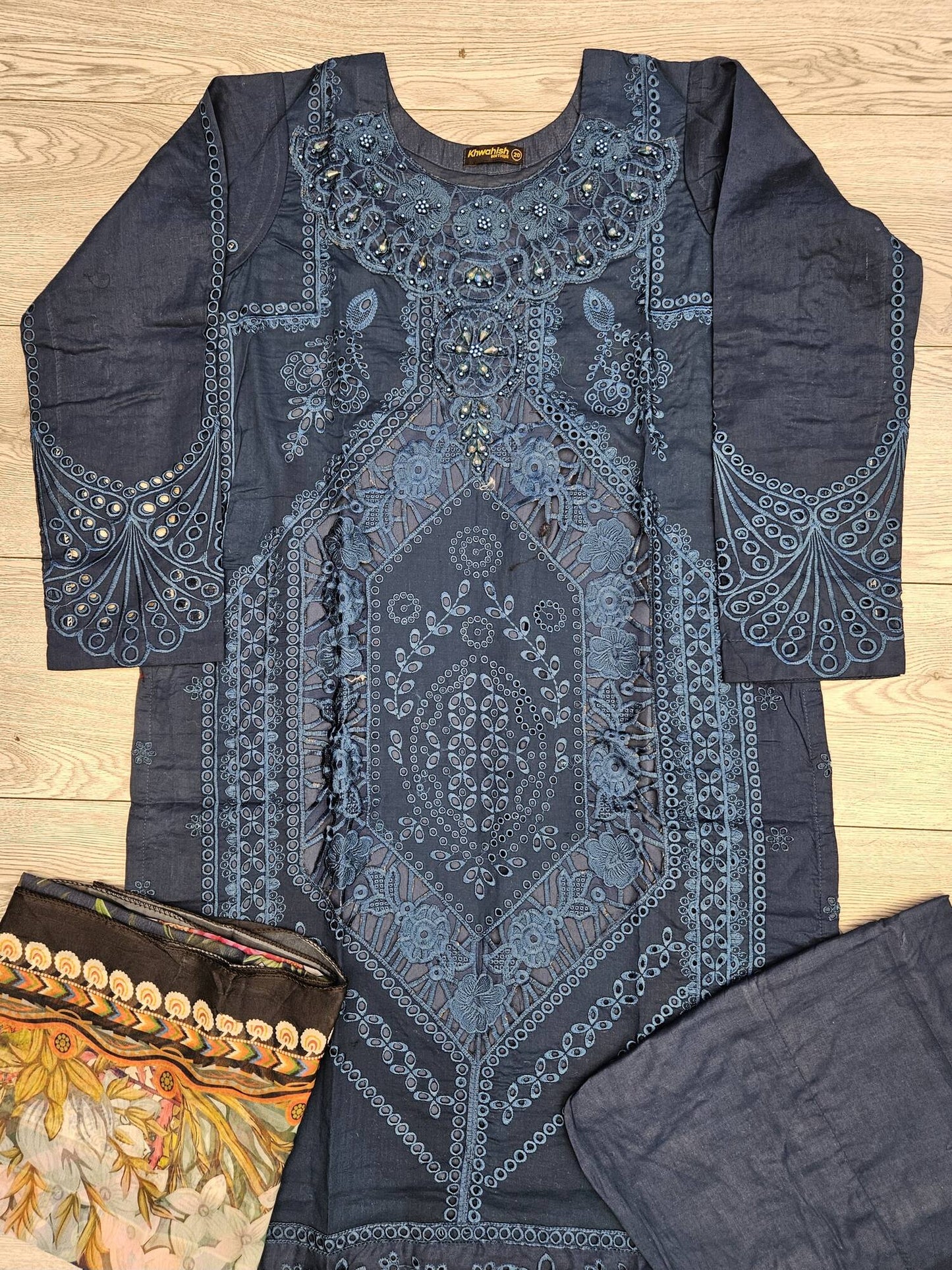 MB deep crystal teal colour embroidered shalwar kameez in cotton fabric with silk floral dupatta in sizes (M to 7XL)-womenswear traditional plus size clothing comfort Eid festive