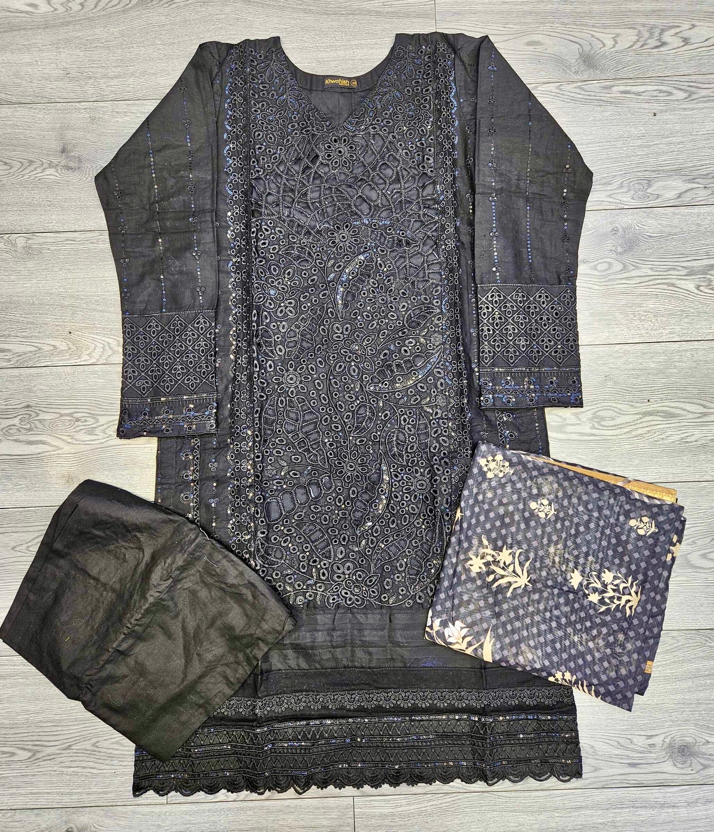 MB black and gold colour thread and sequins laser cut