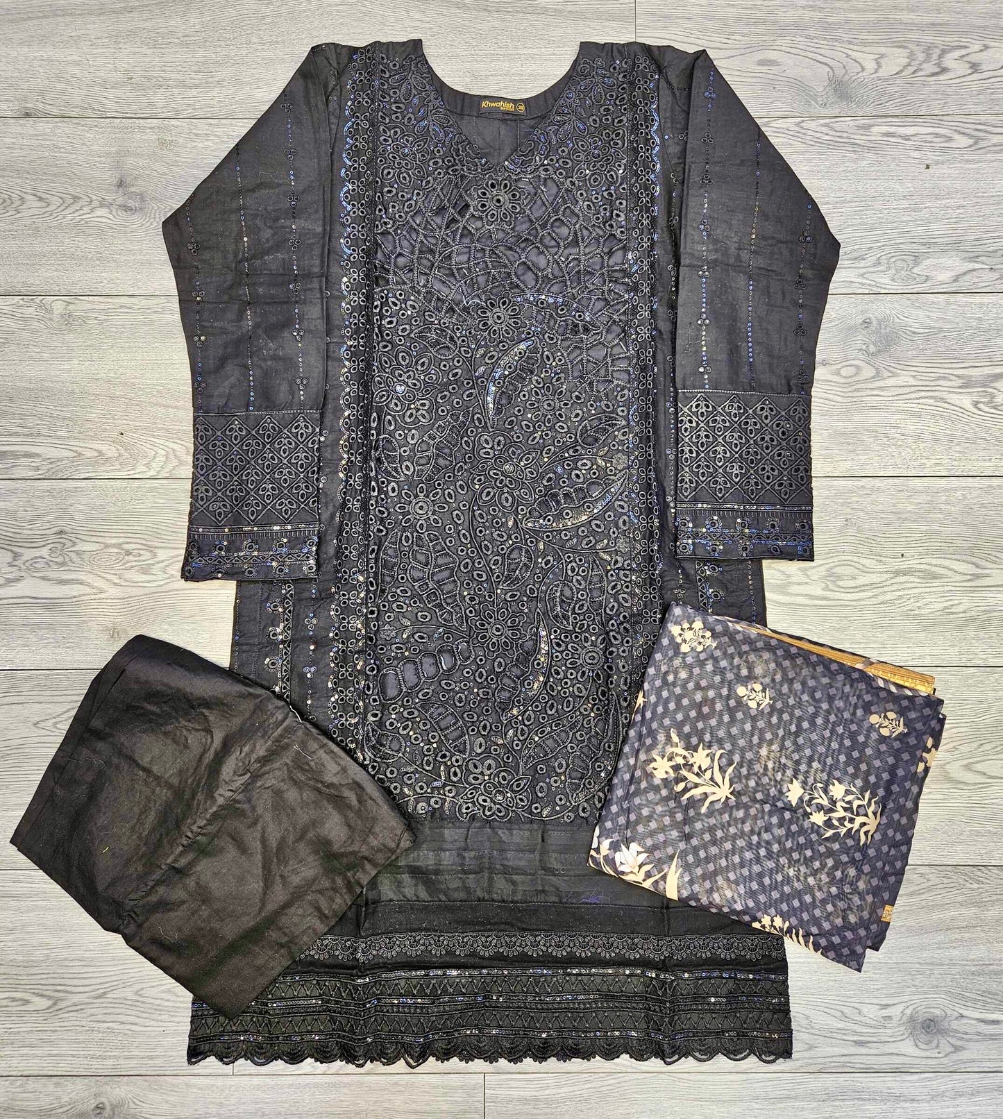 MB black and gold colour thread and sequins laser cut