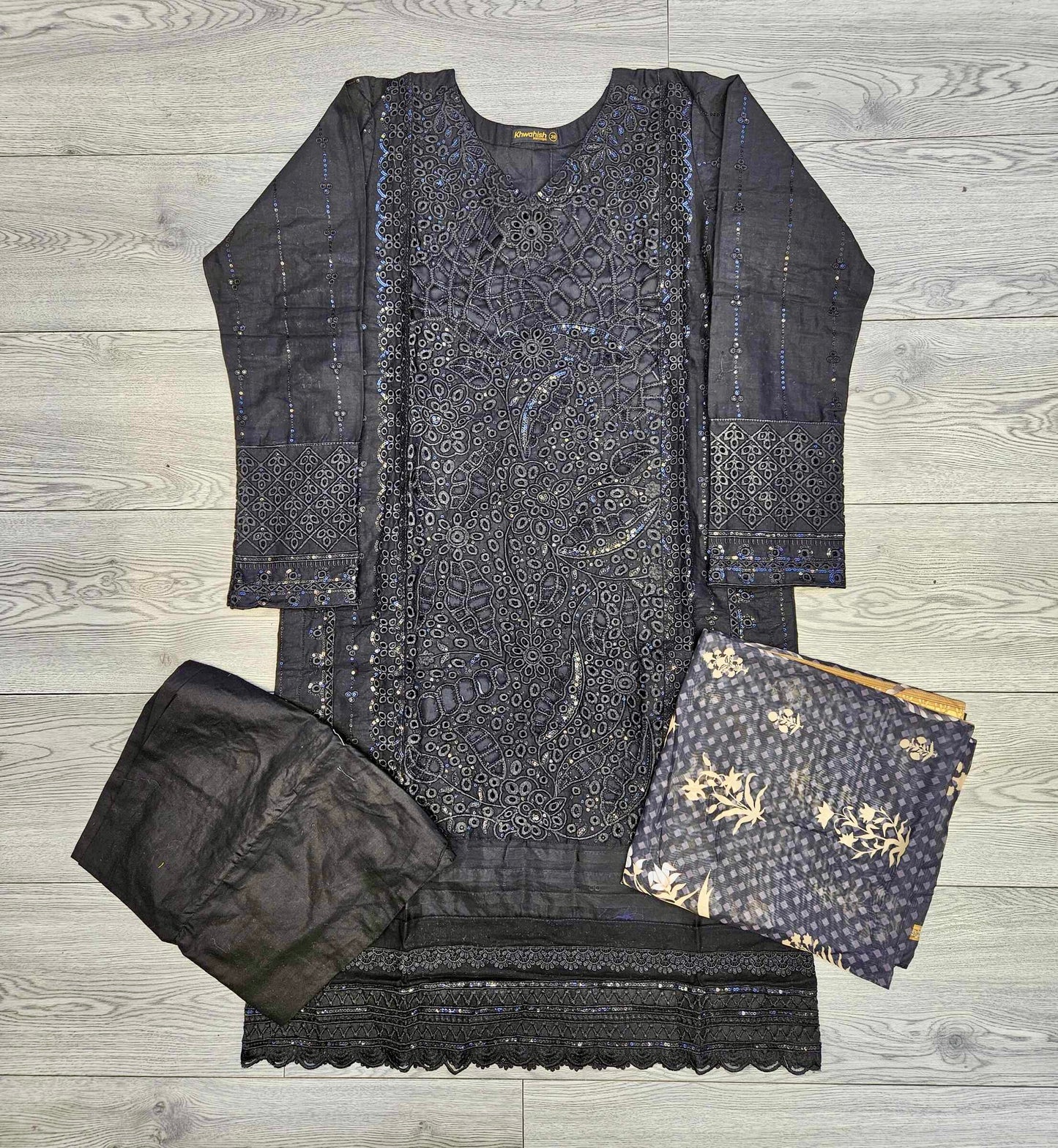 MB black and gold colour thread and sequins laser cut