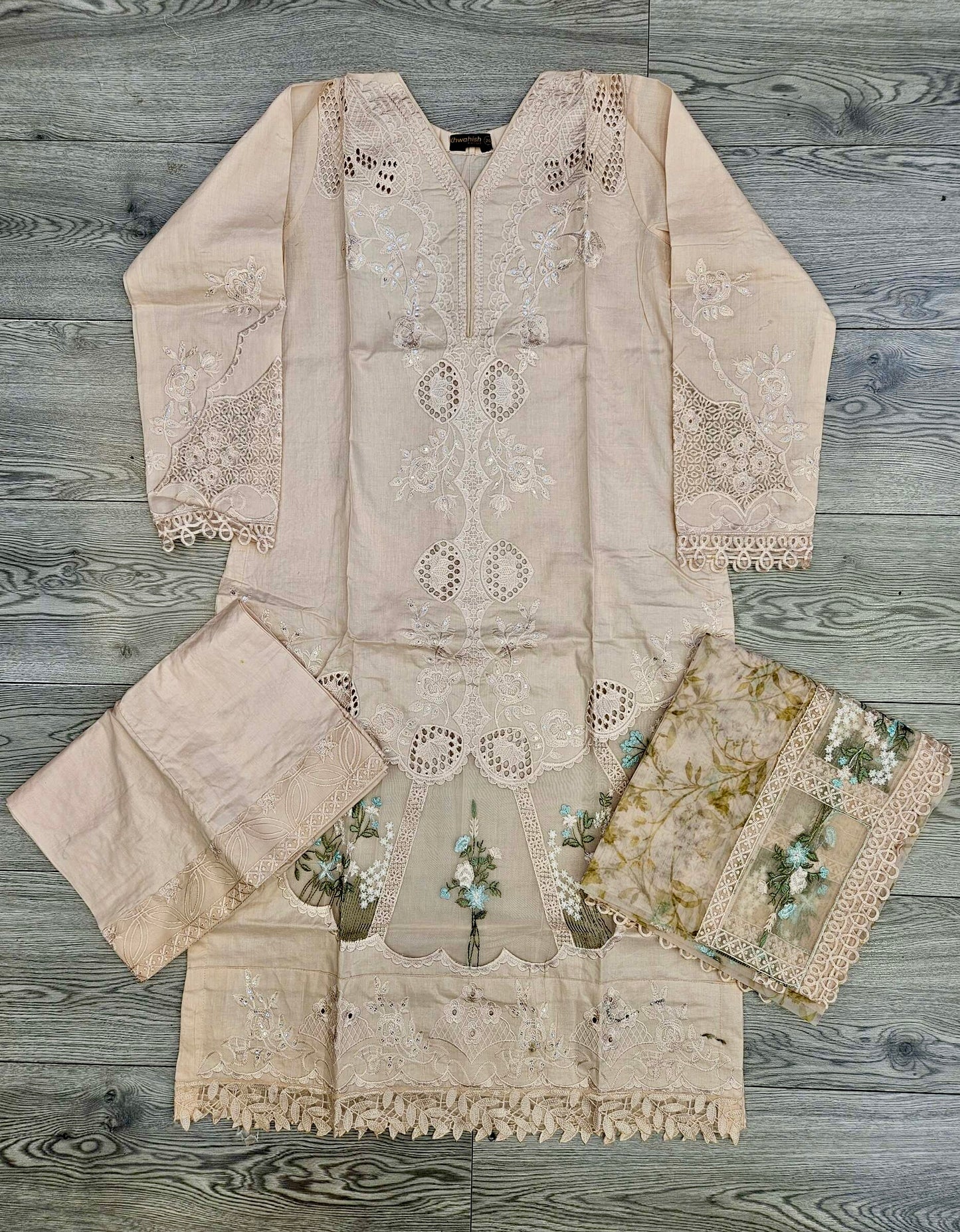 MB light peach and olive green colour thread and sequins laser cut
