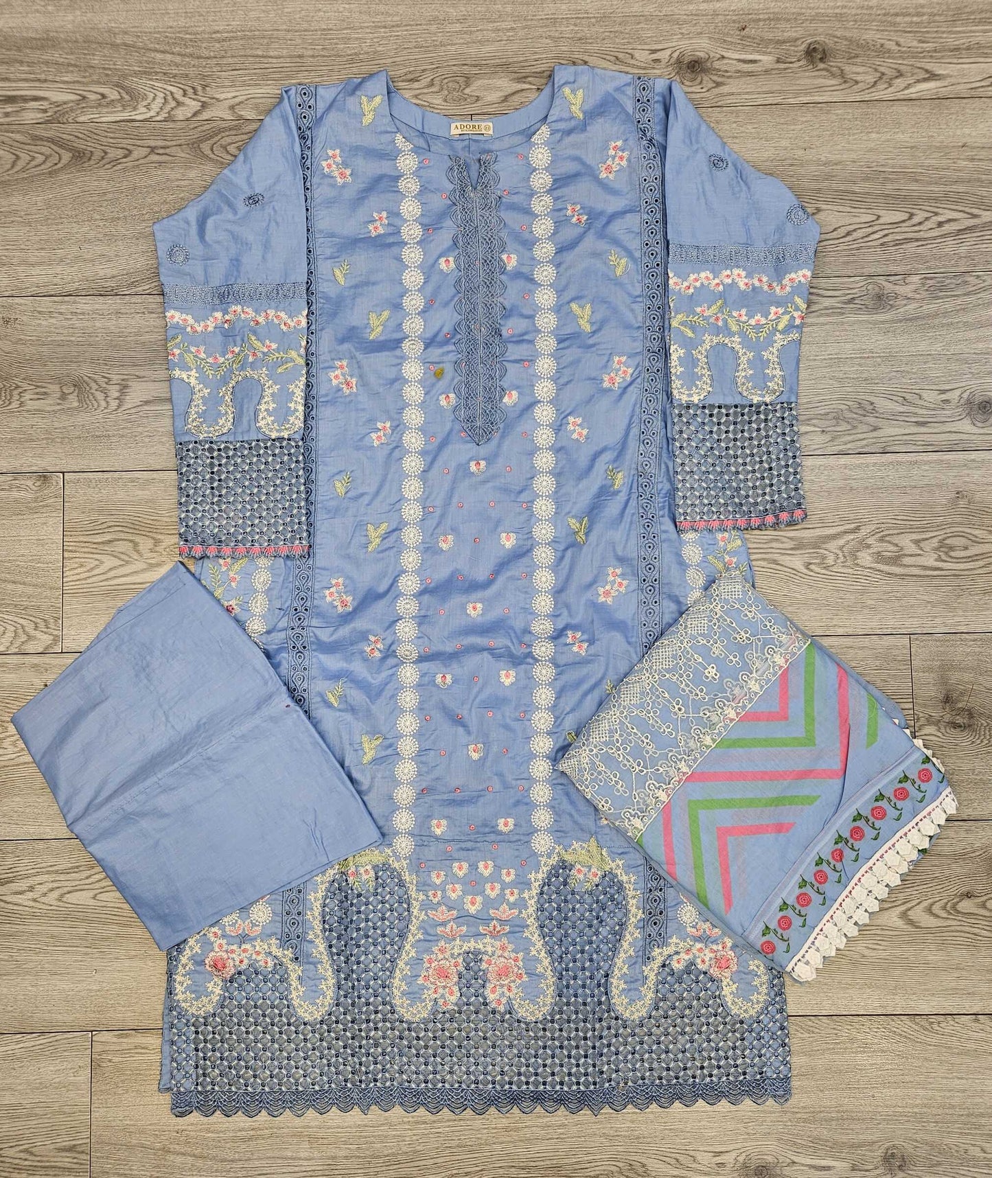 SUF light sky blue with pink colour thread and sequins laser cut
