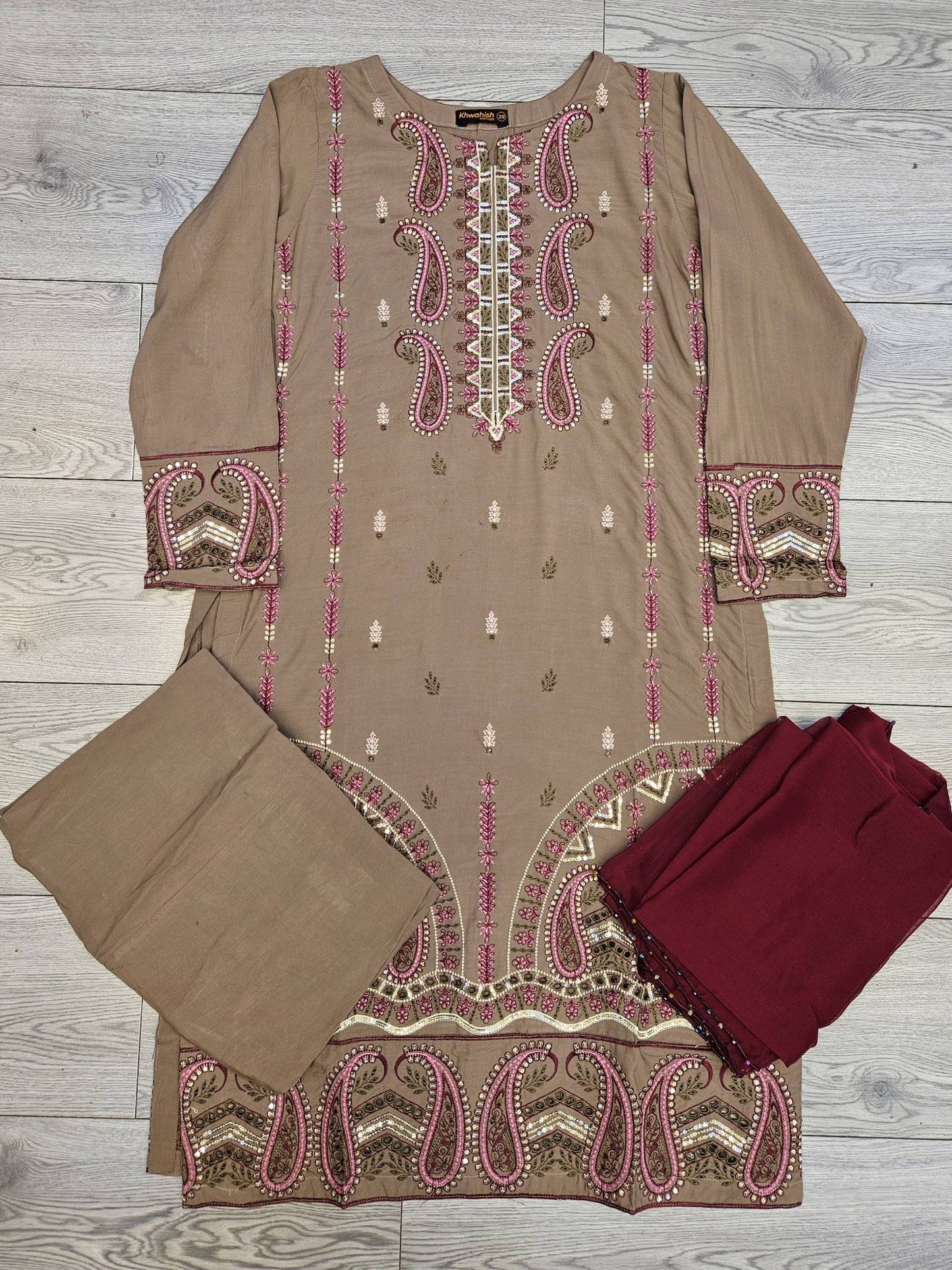 Beige with pink and maroon colour
