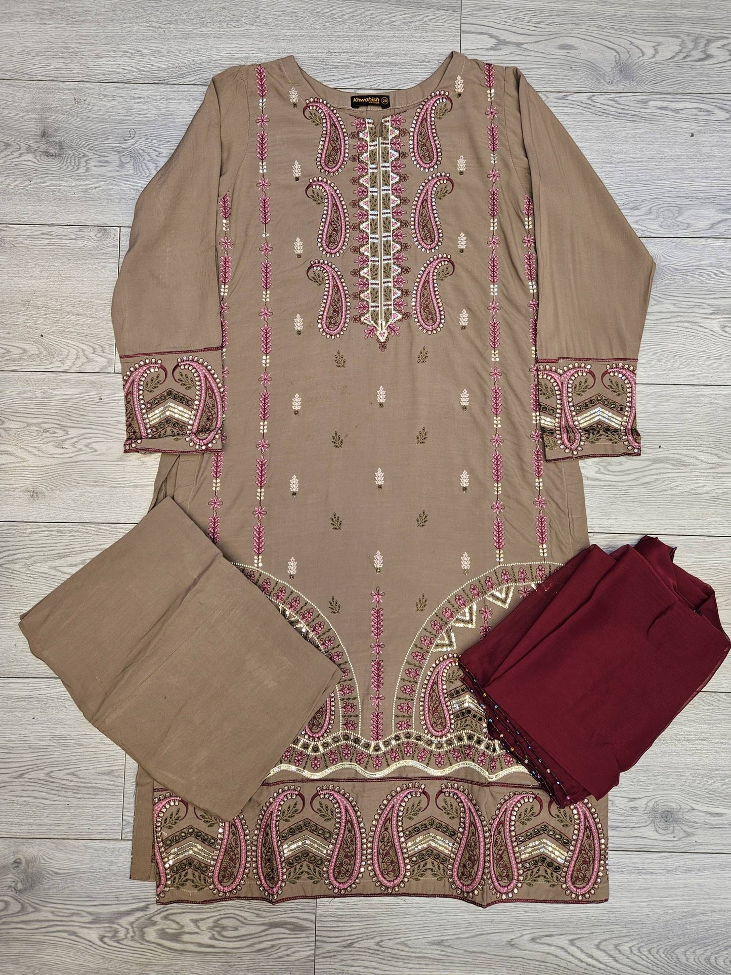 Beige with pink and maroon colour