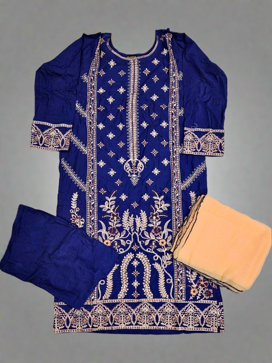 Navy blue and peach colour thread and sequins embroidered
