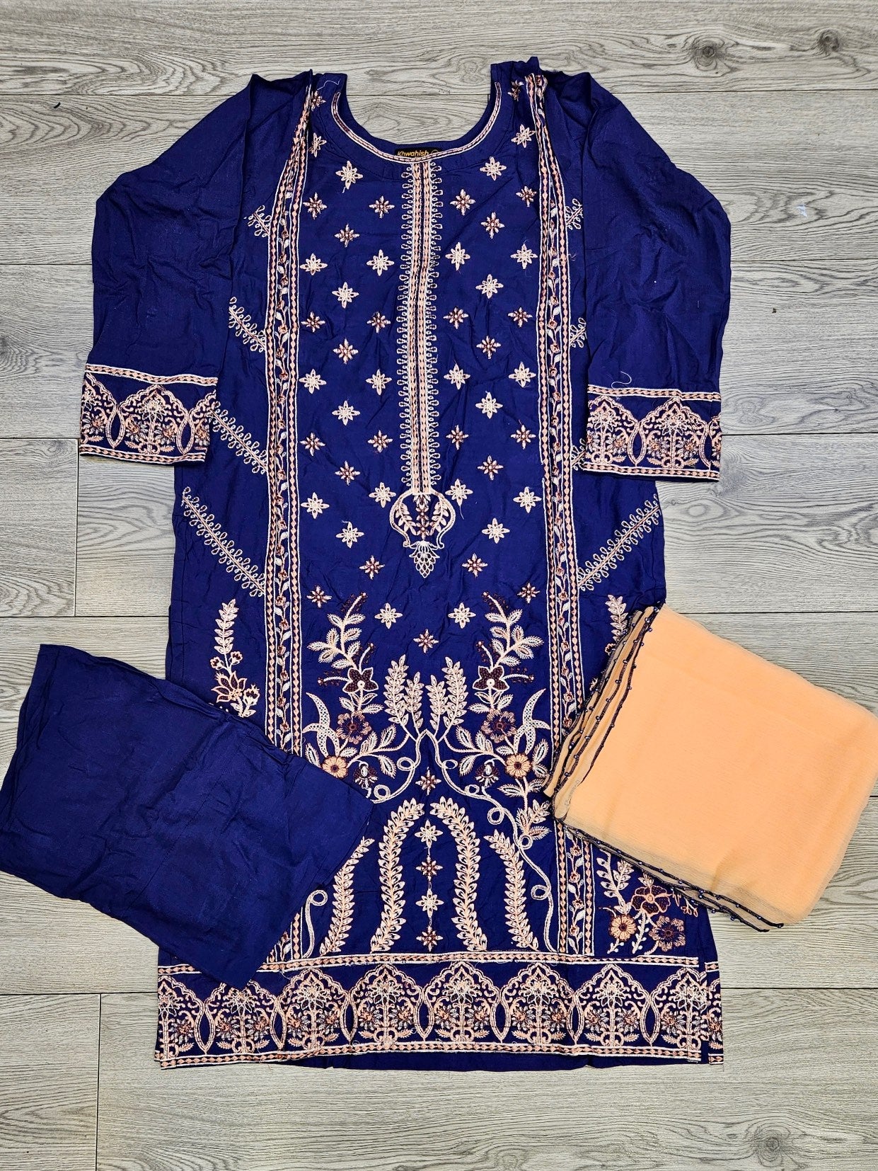 Navy blue and peach colour thread and sequins embroidered