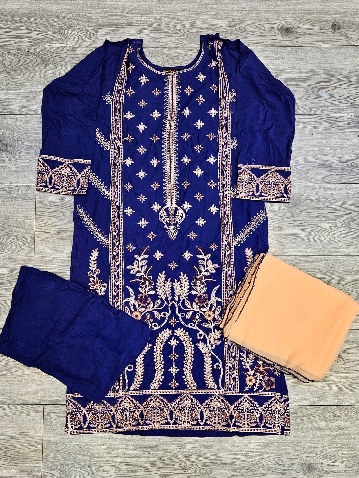 Navy blue and peach colour thread and sequins embroidered