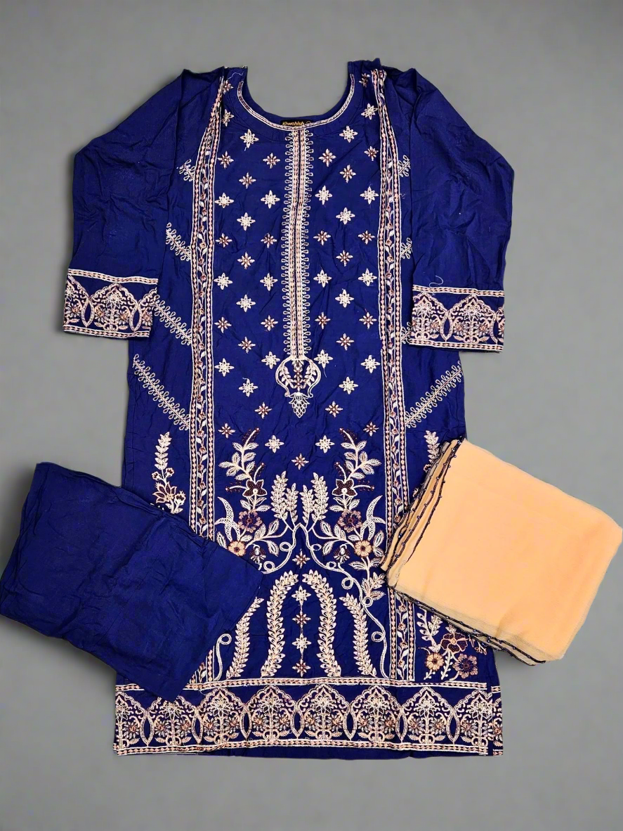 Navy blue and peach colour thread and sequins embroidered