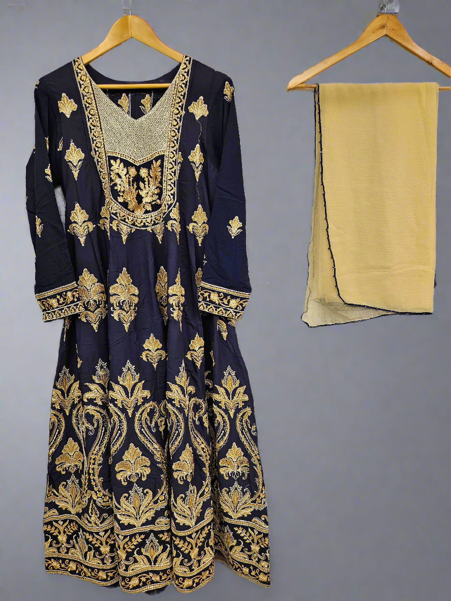 Midnight blue and dandelion yellow colour thread and sequins embroidered