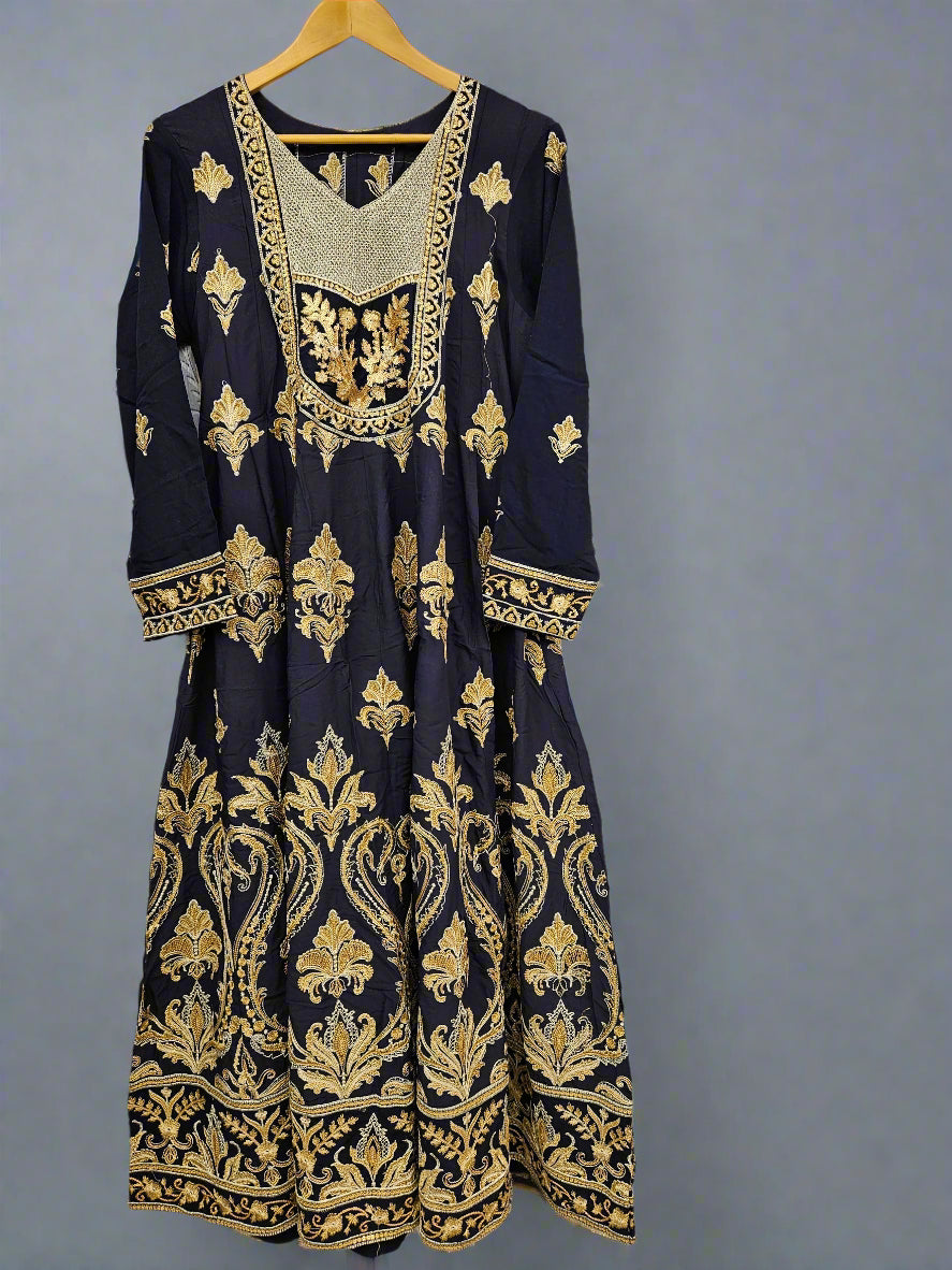 Midnight blue and dandelion yellow colour thread and sequins embroidered