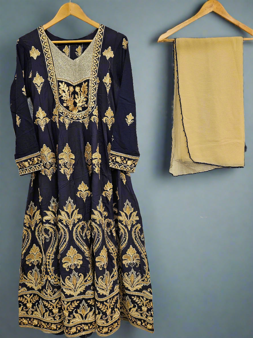 Midnight blue and dandelion yellow colour thread and sequins embroidered