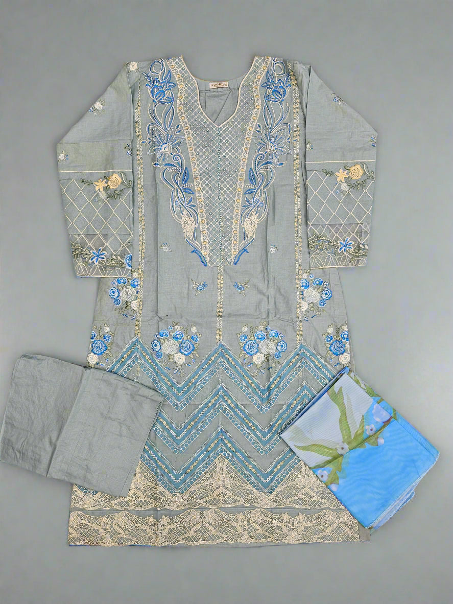 CRM light blue thread and laser cut chikan embroidered cotton fabric shalwar kameez with printed silk dupatta in sizes (M to 7XL) womenswear traditional plus size clothing Eid festive suit