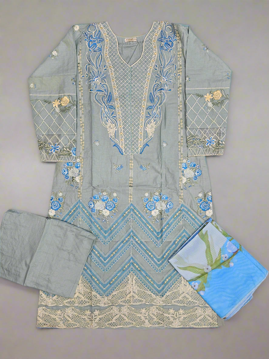 CRM light blue thread and laser cut chikan embroidered cotton fabric shalwar kameez with printed silk dupatta in sizes (M to 7XL) womenswear traditional plus size clothing Eid festive suit