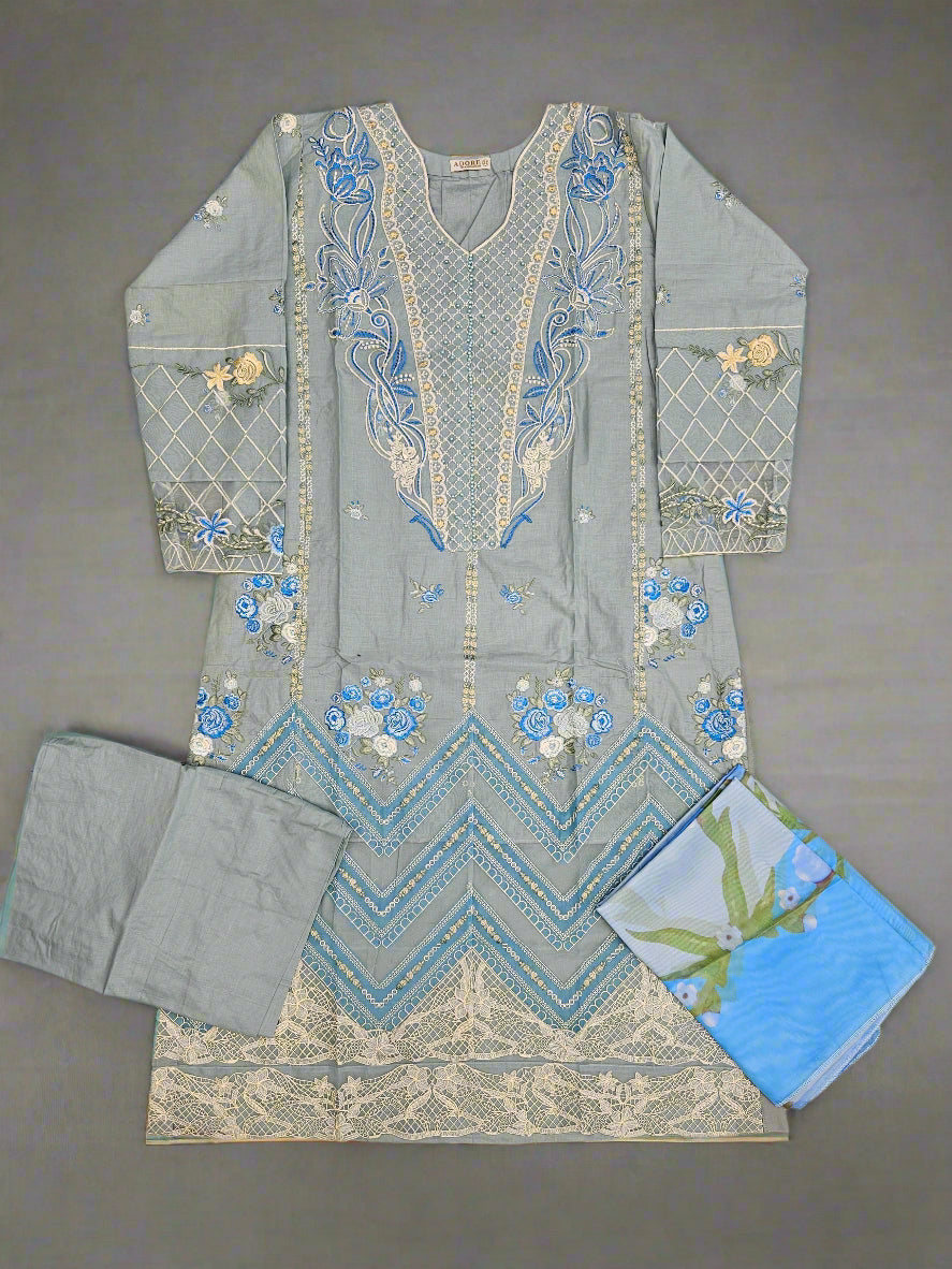 CRM light blue thread and laser cut chikan embroidered cotton fabric shalwar kameez with printed silk dupatta in sizes (M to 7XL) womenswear traditional plus size clothing Eid festive suit