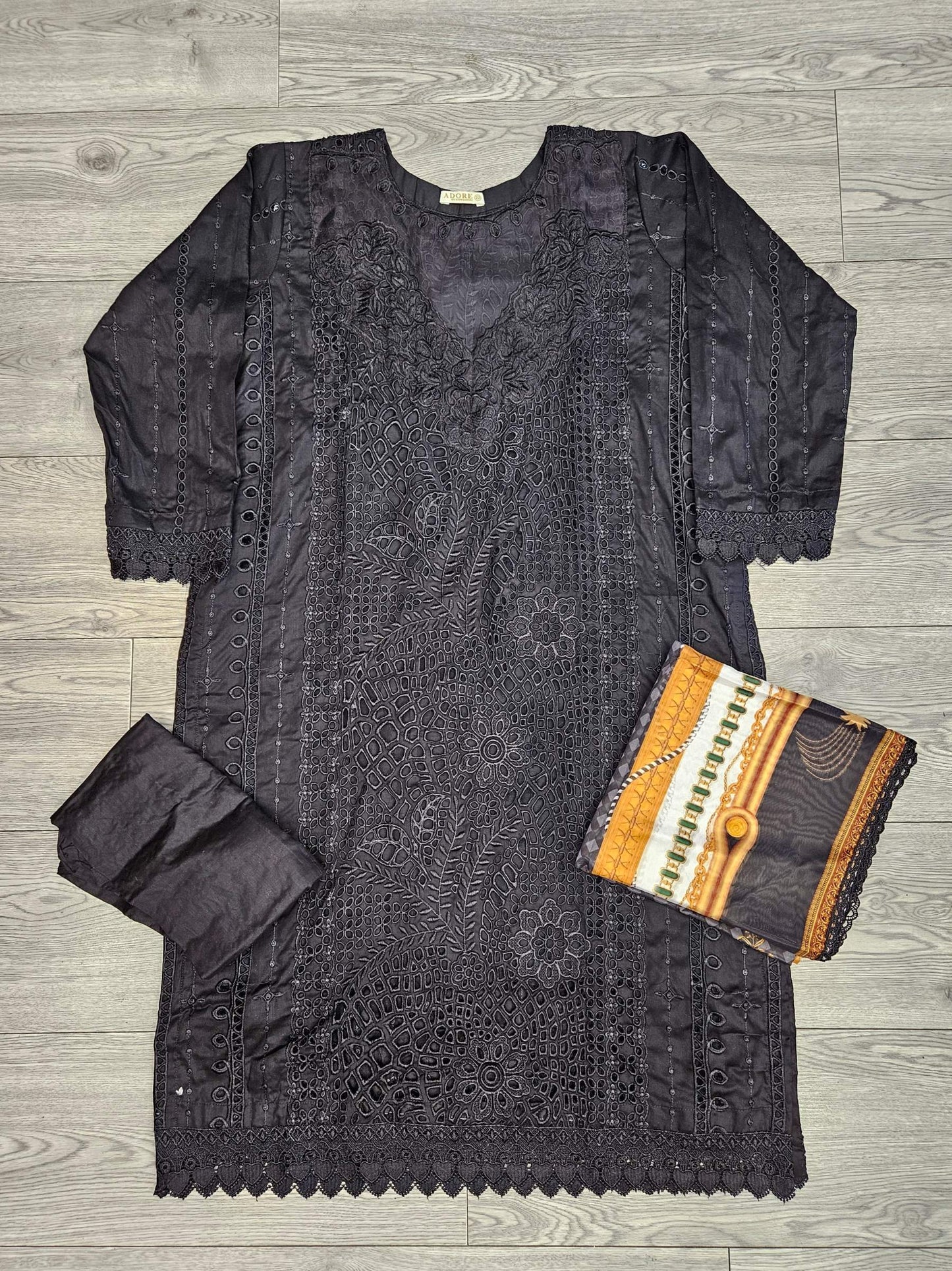 MB black and gold colour thread and sequins laser cut