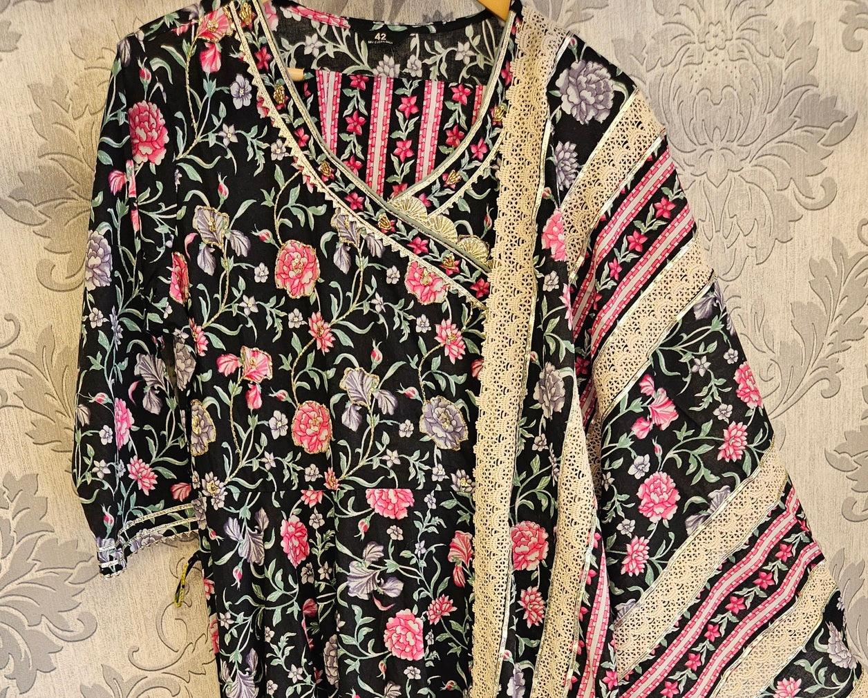 SM cotton black and pink colour floral print and embroidery long dress maxi with dupatta and trousers - Womenswear traditional dress