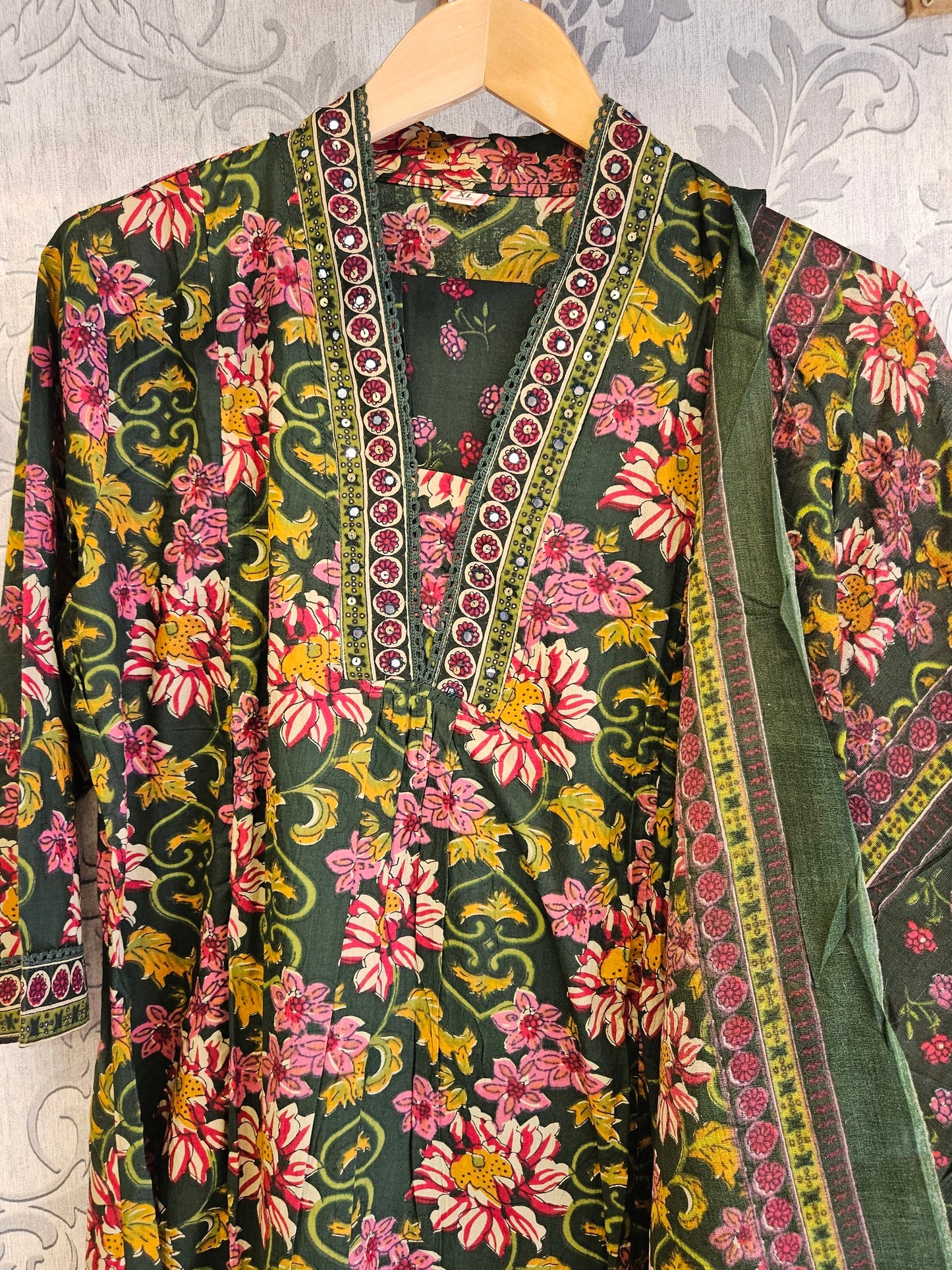 SM cotton dark green and pink colour floral print and embroidery long dress maxi with dupatta and trousers - Womenswear traditional dress