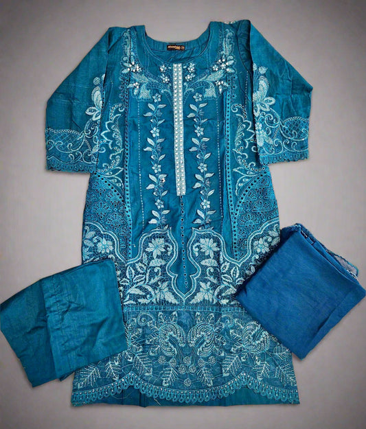 MB teal blue and silver colour laser cutwork chikan embroidery