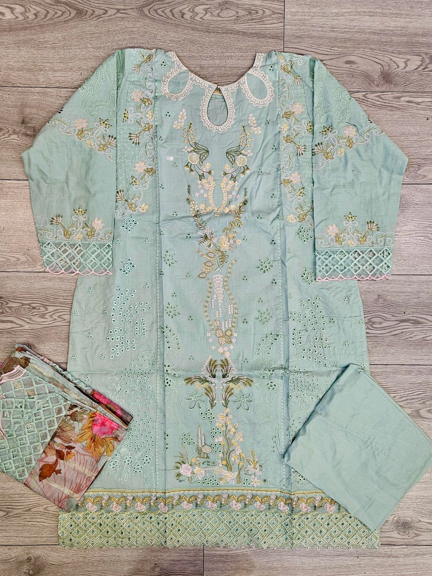 QKR viridian and forest green colour laser cutwork chikan embroidery with thread work and sequins cotton fabric shalwar kameez in Sizes M to 8XL womenswear traditional clothing plus size comfort casual summer Eid