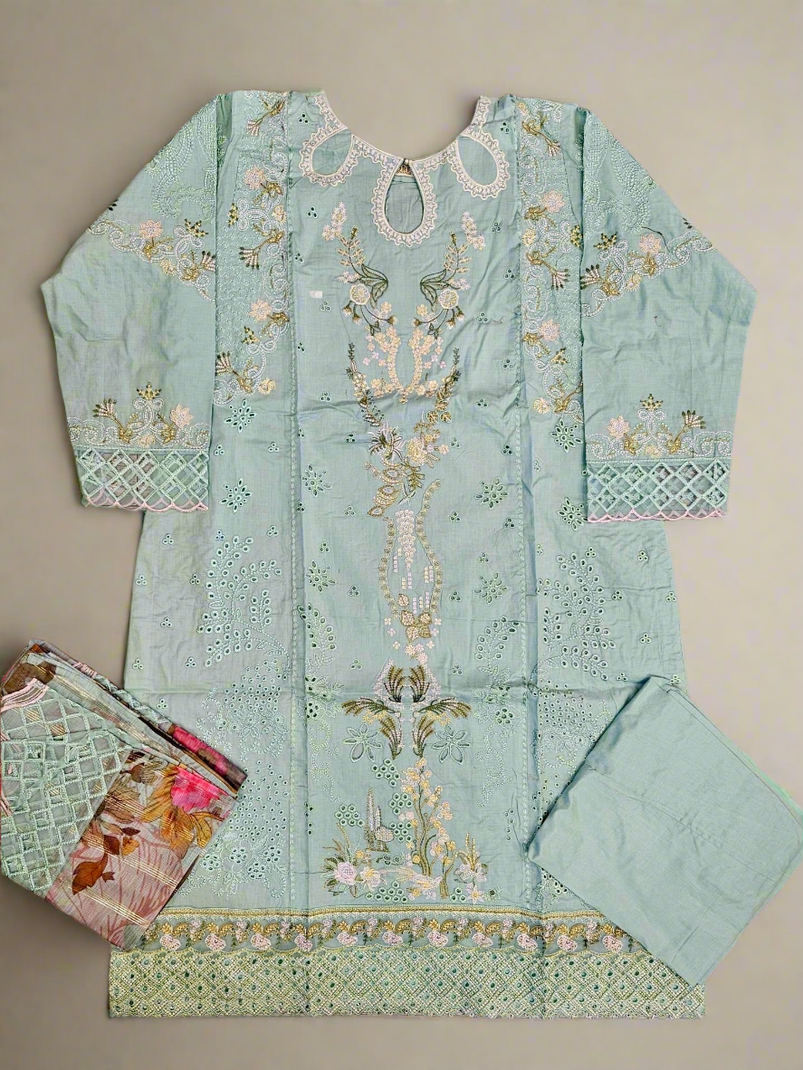 QMR viridian and forest green laser cut chikan embroidery