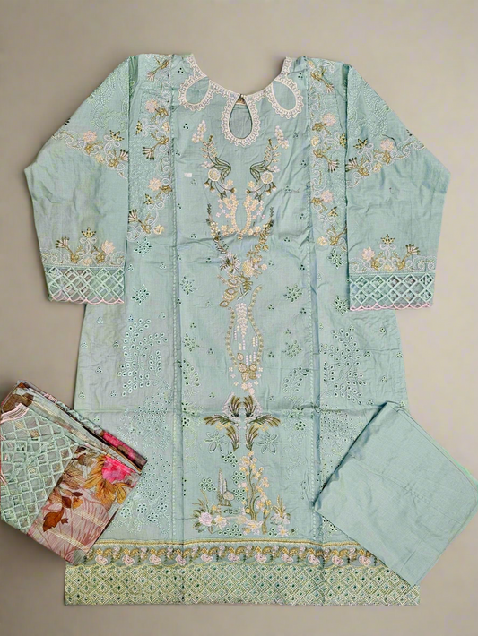 QMR viridian and forest green laser cut chikan embroidery