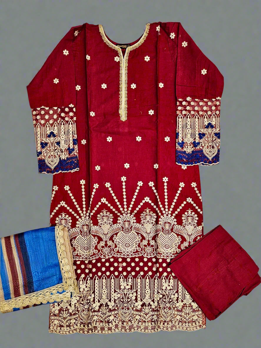 ZACHI ruby red and midnight blue colour laser cutwork chikan embroidery