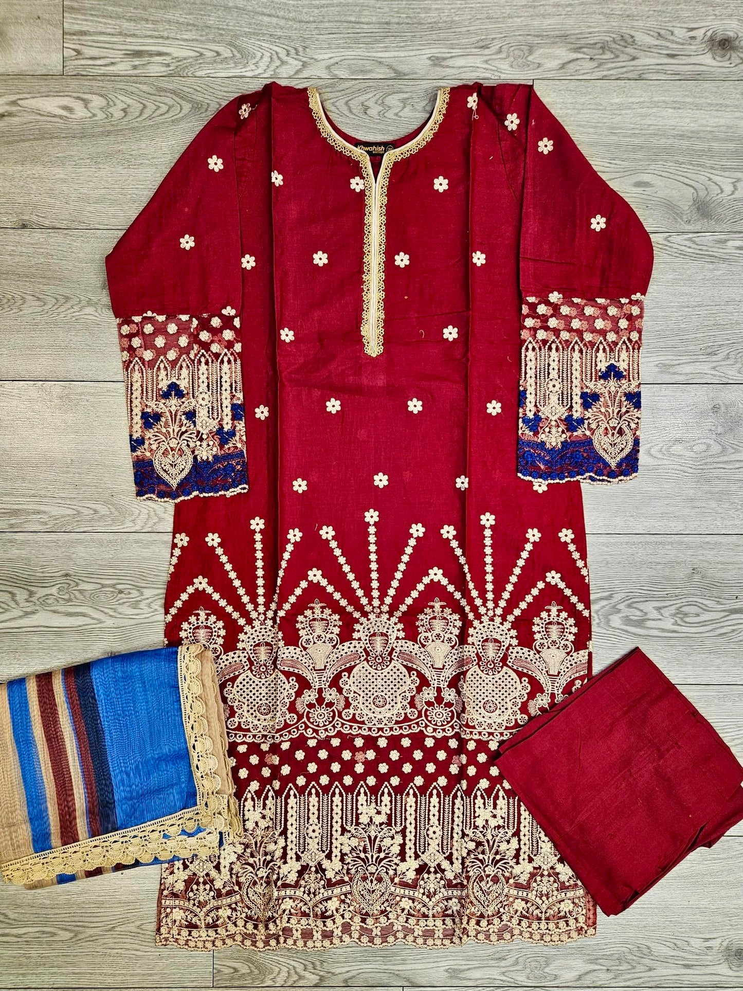 ZACHI ruby red and midnight blue colour laser cutwork chikan embroidery