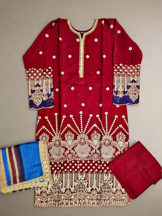 ZACHI ruby red and midnight blue colour laser cutwork chikan embroidery