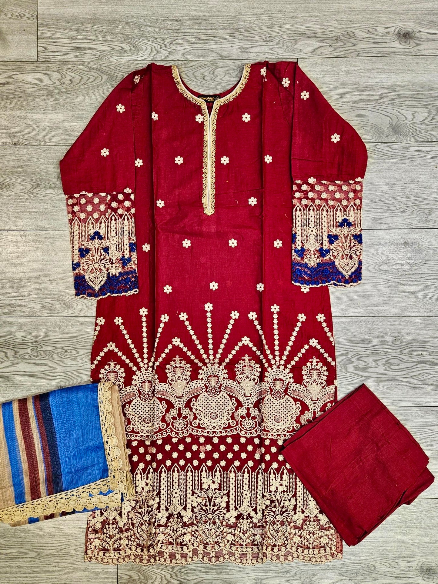 ZACHI ruby red and midnight blue colour laser cutwork chikan embroidery