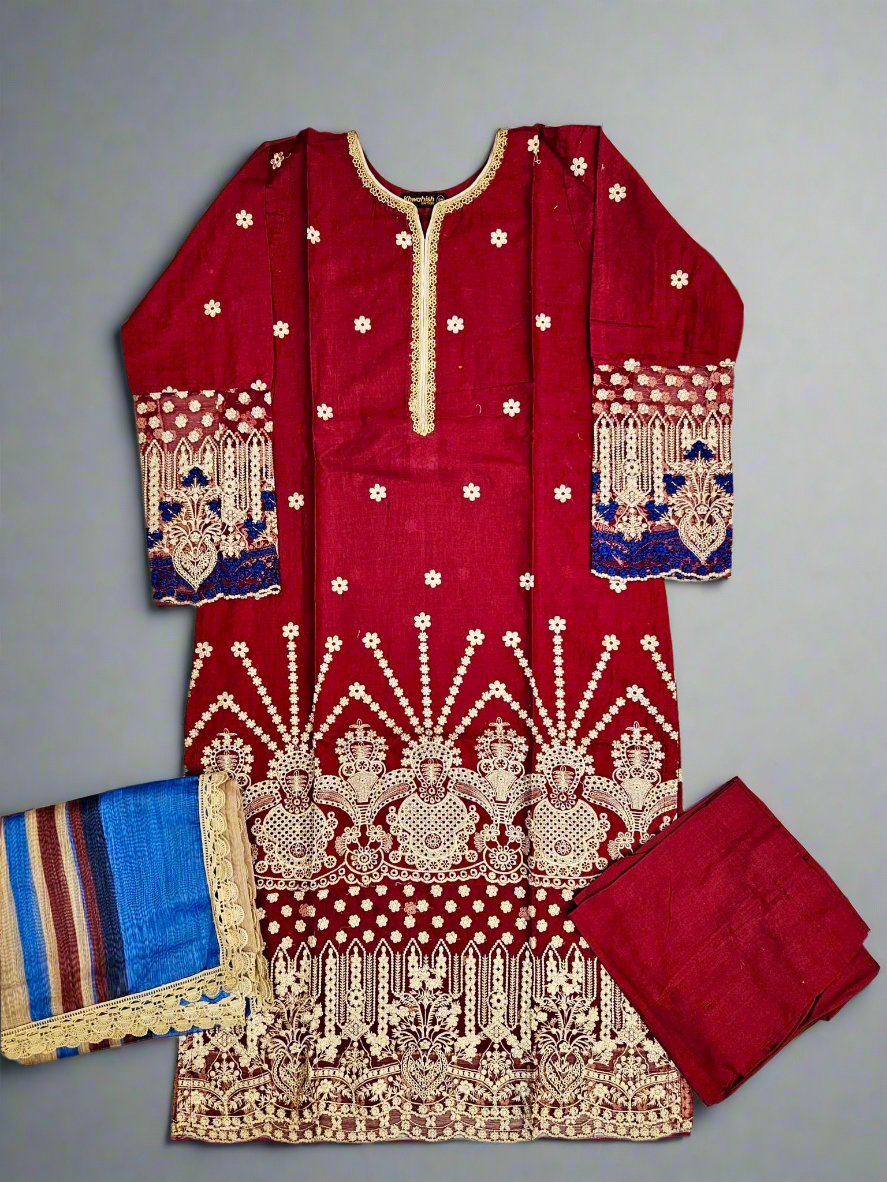 ZACHI ruby red and midnight blue colour laser cutwork chikan embroidery