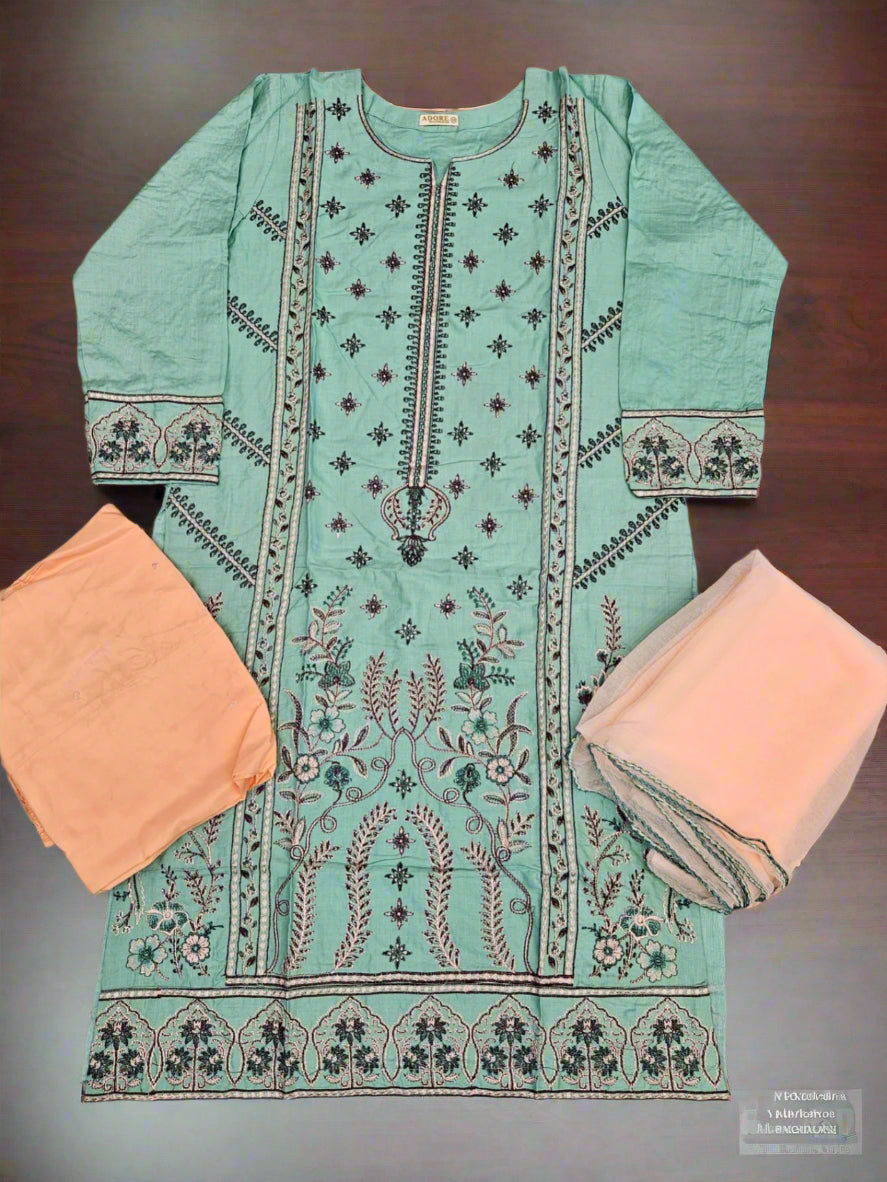 CRM blue green and peach colour thread embroidery linen fabric shalwar kameez