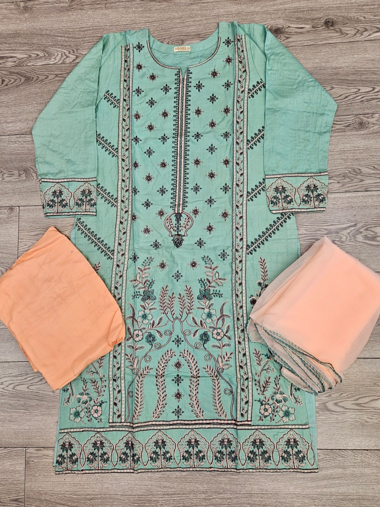 CRM blue green and peach colour thread embroidery linen fabric shalwar kameez