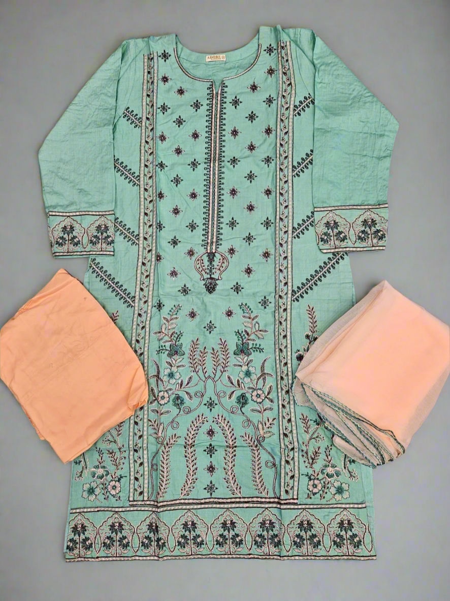 CRM blue green and peach colour thread embroidery linen fabric shalwar kameez