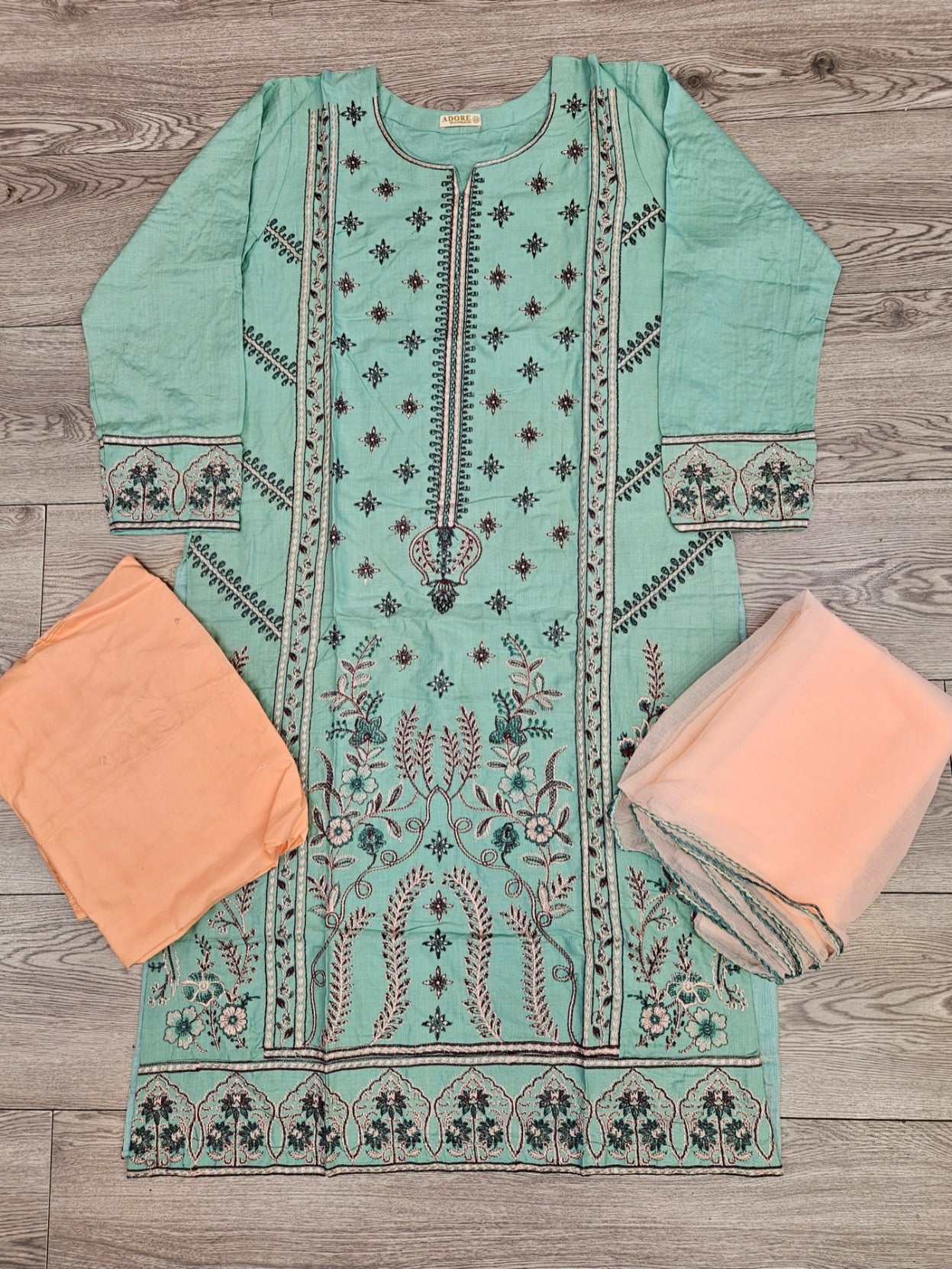 CRM blue green and peach colour thread embroidery linen fabric shalwar kameez